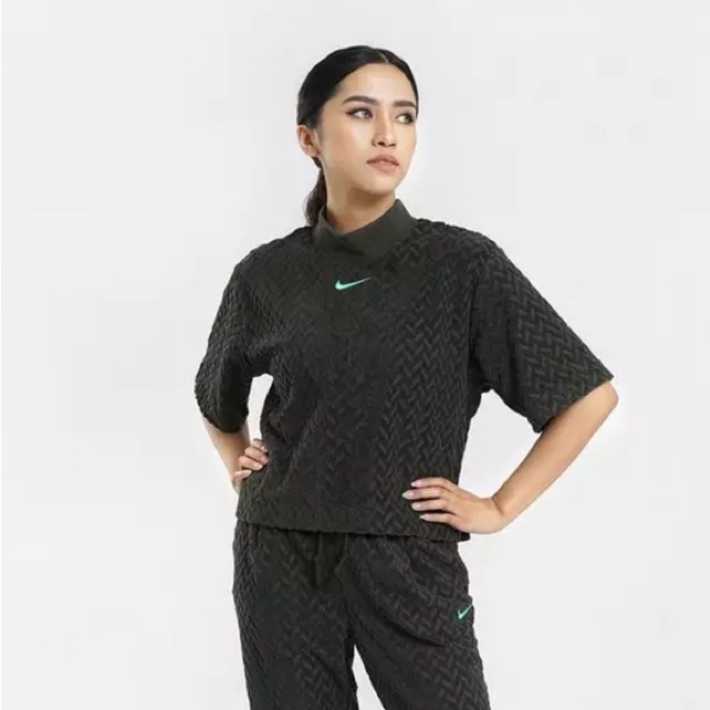 Nike Black Textured Short-Sleeve Polo with Teal Swoosh